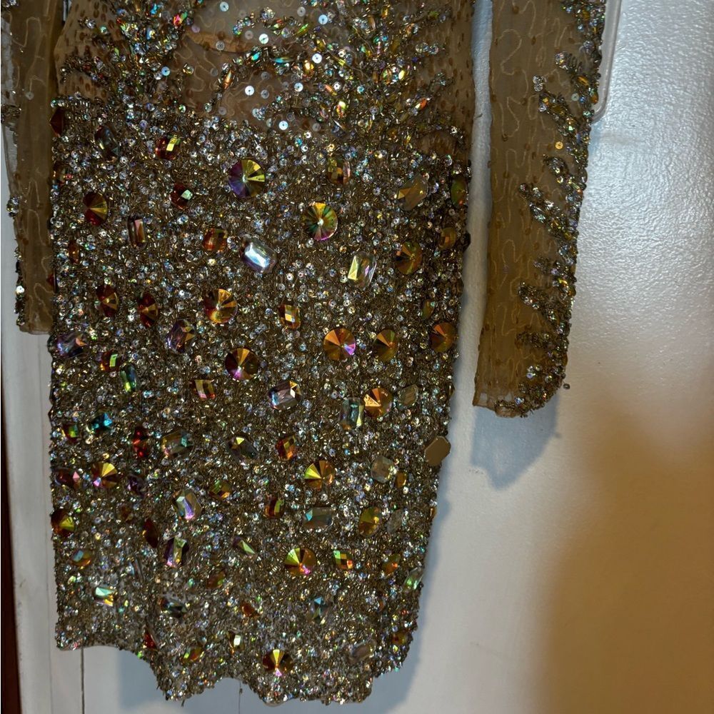 Royal queen rhinestone runway dress beaded bodycon sparkle crystal gems see thru - Picture 3 of 8